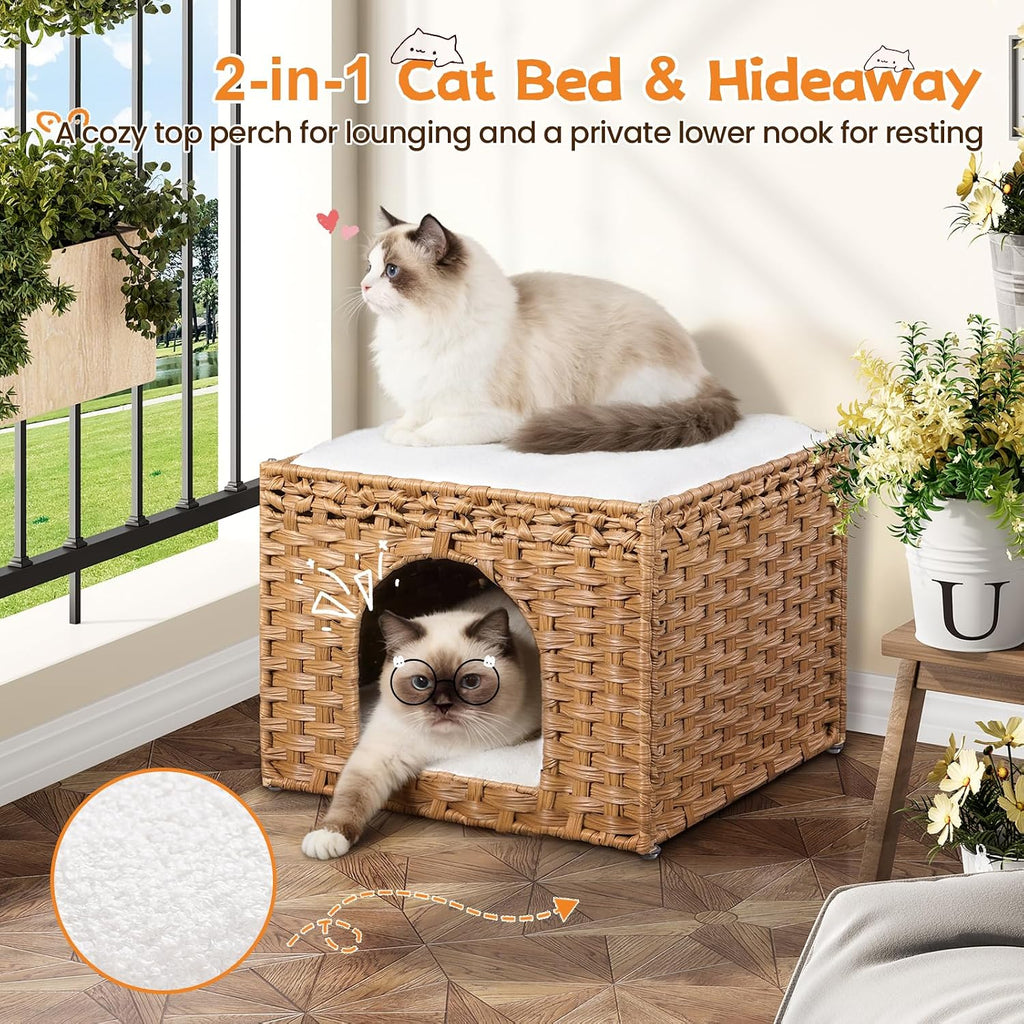 Handwoven Rattan Cat House - Indoor Foldable Cat Bed Cave with 2 Removable Bed Mats, Large Kitten House, Hideaway Pet