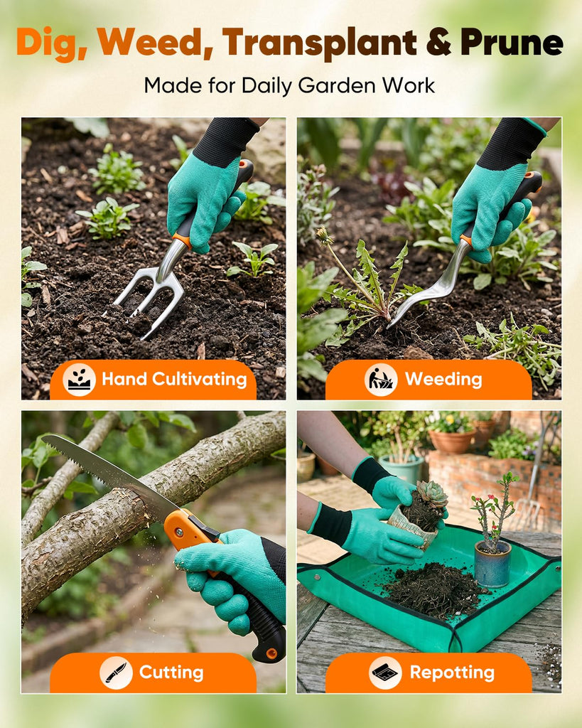 Garden Tool Set Gardening Tools - Heavy Duty Aluminum Tool Kit with Non-Slip Handle, Gardening Gloves and Tool Bag