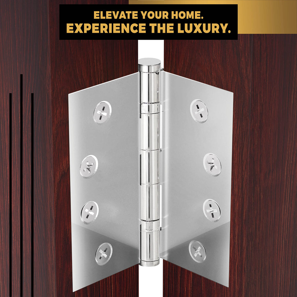 Solid Brass Chrome Door Hinge Heavy Duty Ball Bearing Shiny Silver 4x4 Inch with Decorative Screw-on Tips Included