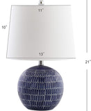 21" Navy Ceramic Hand-Painted Scallop Sphere Table Lamp, Coastal Transitional Bedside Lamp with White Linen Drum Shade