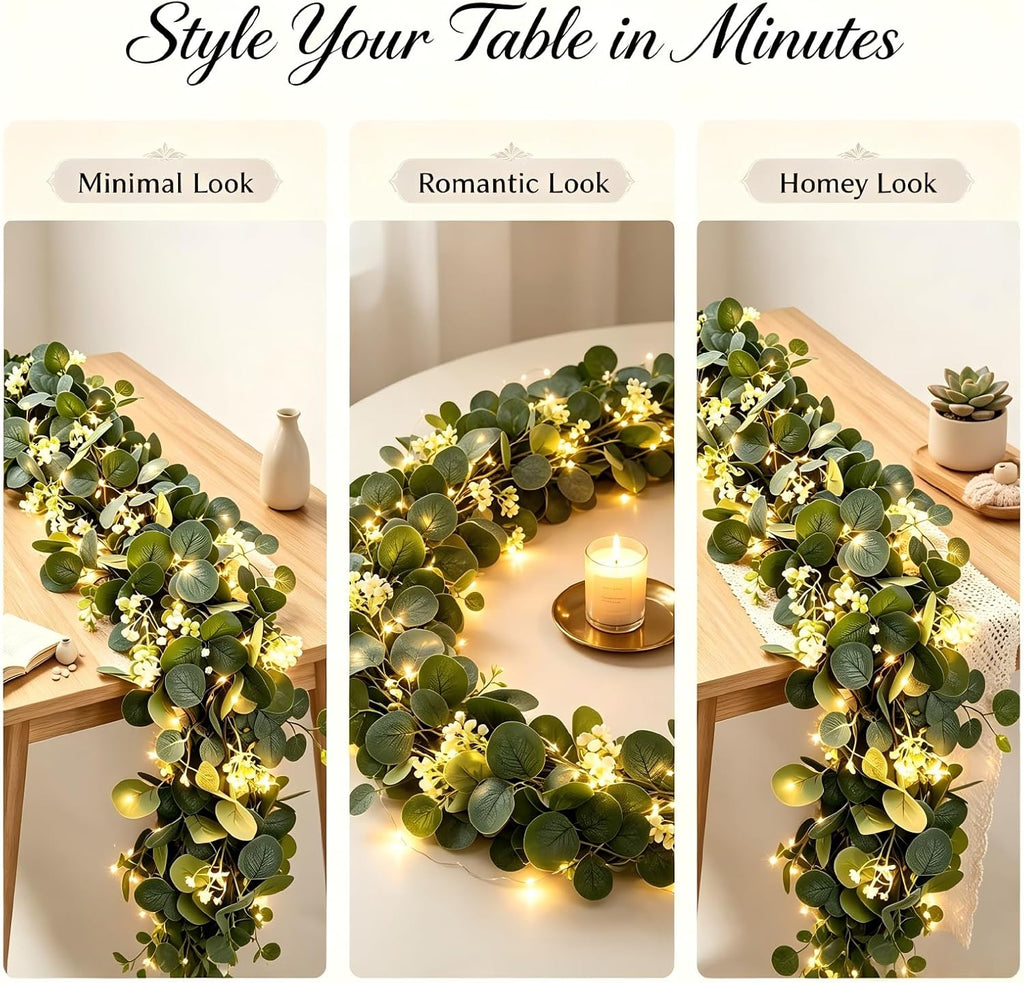 Eucalyptus Garland with Lights, 4 Packs 6FT Artificial Lighted Garland, Spring Summer Green Faux Garlands Outdoor