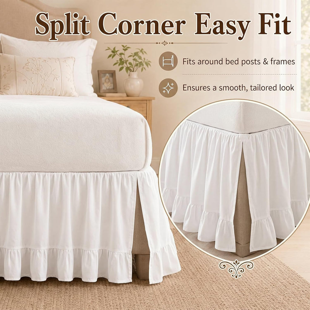 White Ruffled Queen Bed Skirt, 14 Inch Drop, Split Corners, Boho | Fits 60 x 80 in Queen Beds; 3 Sided Coverage;