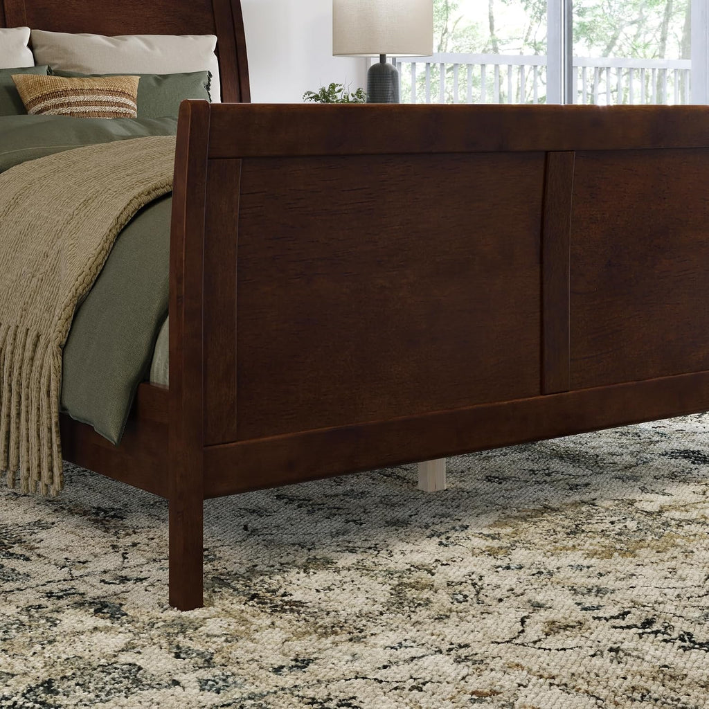 Valencia Full Solid Wood Low Profile Sleigh Platform Bed with Matching Footboard, Walnut