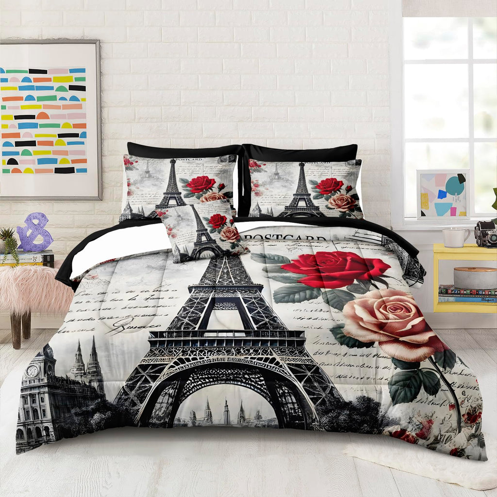 Vintage Paris Bedding Set Romantic Eiffel Tower Comforter Set King Size 8-Piece Parisian Style Comforter Set Elegant