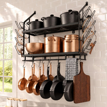 Pot Rack Wall Mounted, 8 Secure Lid Holders & 12 Sturdy Hooks