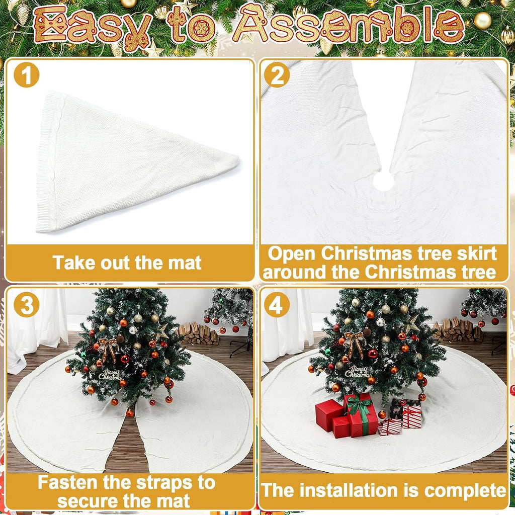 72 Inch Christmas Tree Skirt Extra Large White Chunky Xmas Knitted Tree Skirt Giant Cable Knit Thick Rustic Farmhouse