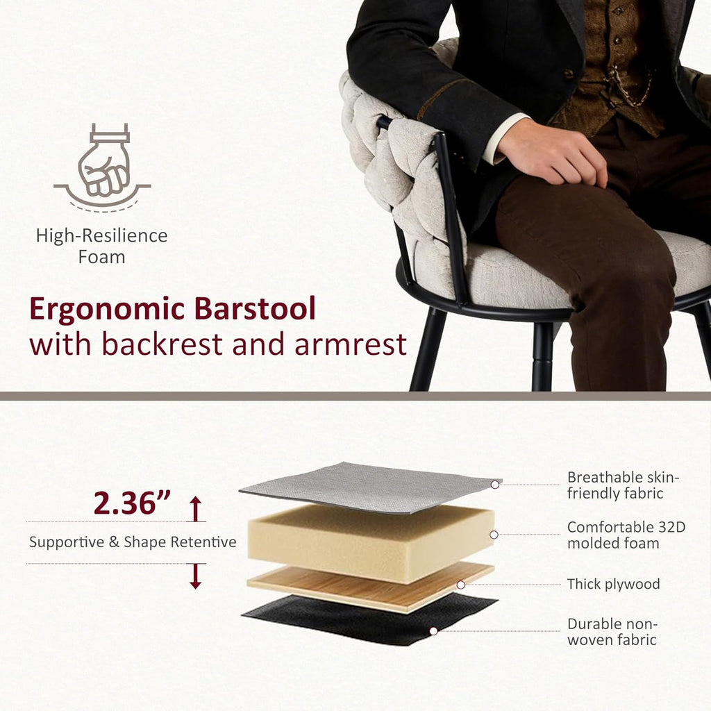 Bar Stools Set of 2, 28.7 inch Seat Height Bar Chairs, 360° Swivel Counter Height Barstools with Woven Back and Arm
