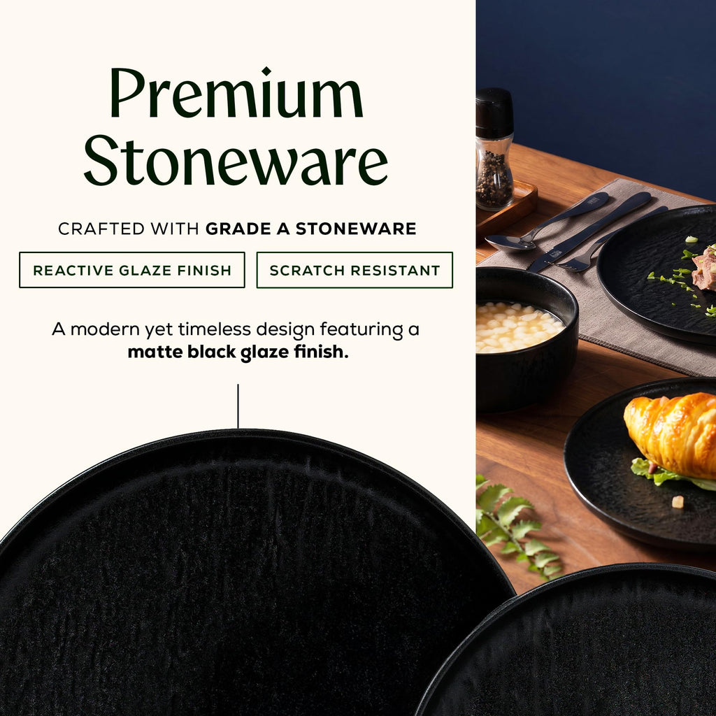 Durable Stoneware Dinnerware Set with Reactive Glaze Finish, 12-Piece, Ari Matt Black