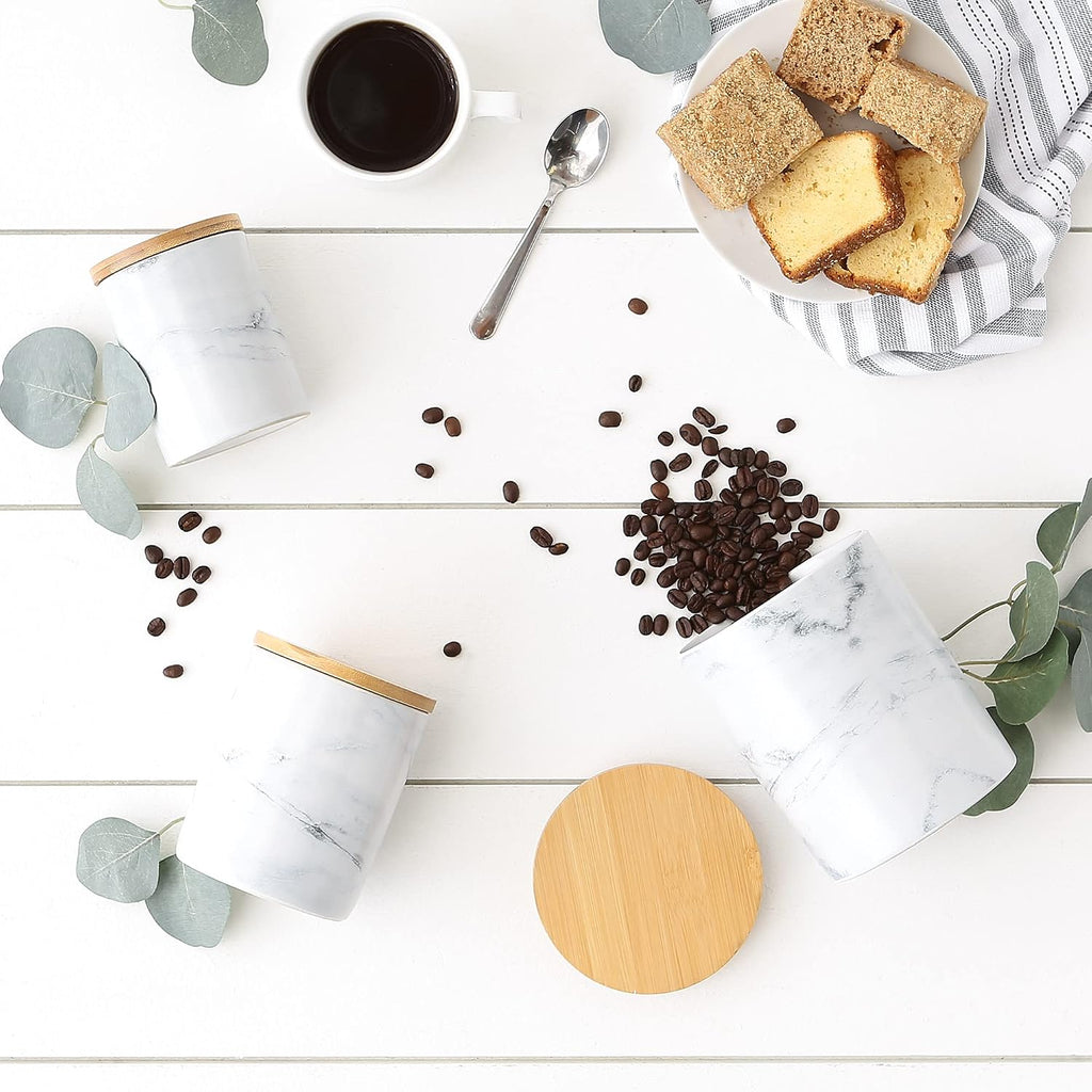 Kitchen Ceramic Canister Set, 4.5c / 3c / 1.25c, White Marble Pattern - Set of 3