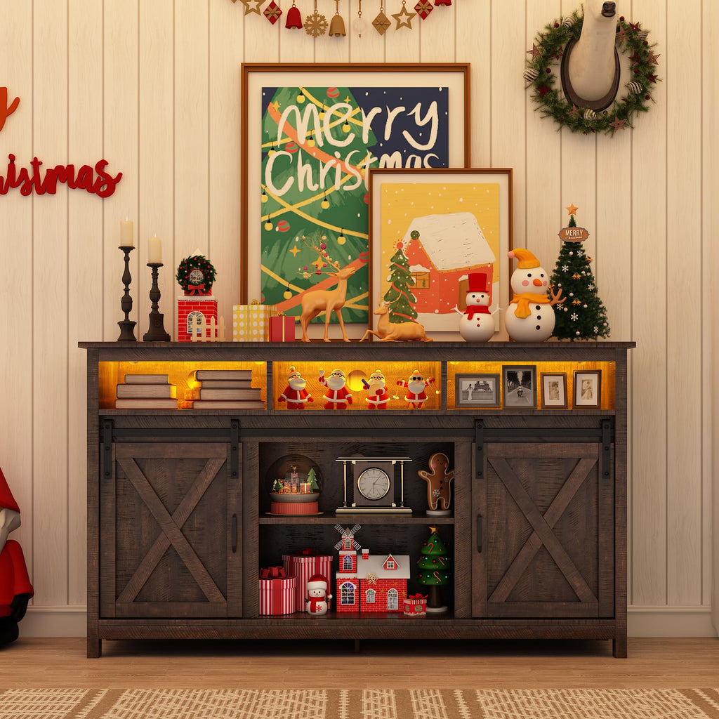 57In Wooden Farmhouse Entertainment Center for 60/65 inch TV, Double Layer Storage Farmhouse TV Stand, Double-Row