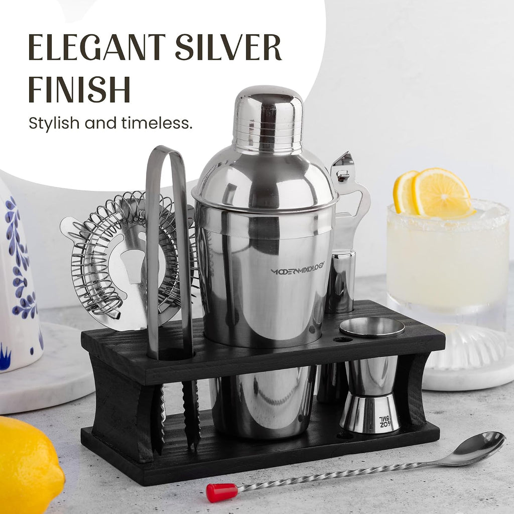 Cocktail Shaker Set - Bartender Kit with Pine Stand | Leak-Proof Design | Includes Martini Shaker, Jigger, Strainer