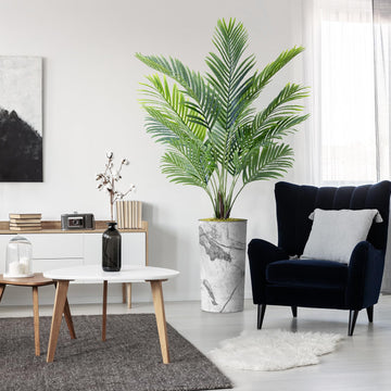 Artificial Tree in Gray Marble Effect Planter, Fake Areca Tropical Palm Silk Tree for Indoor and Outdoor Home