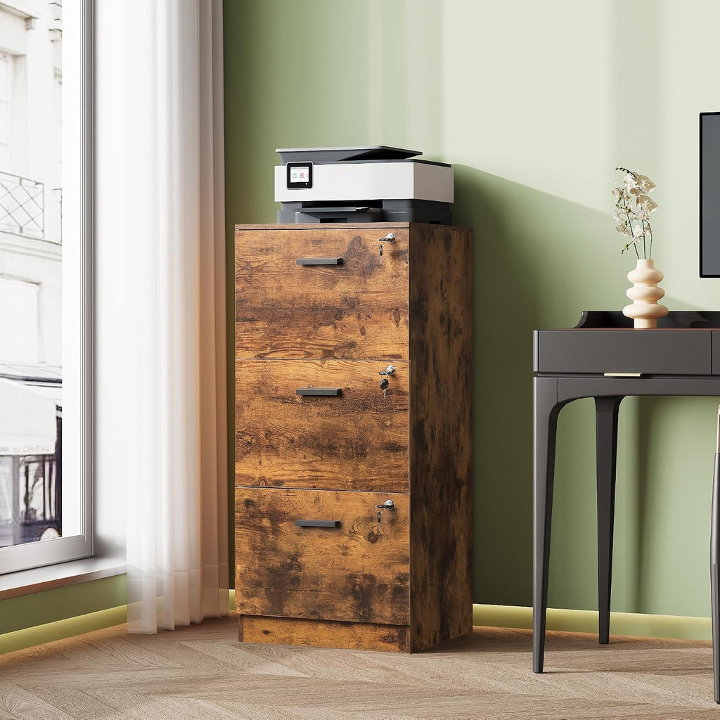 3 Drawer Wood File Cabinet , Fits Letter and A4 Size | Wooden Filing Cabinet with Lock, Vertical File Storage
