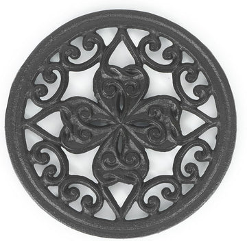 7 Inch Cast Iron Trivet, Round Heavy Duty Hot Pot Holder with Vintage Floral Design, Heat Resistant Mat