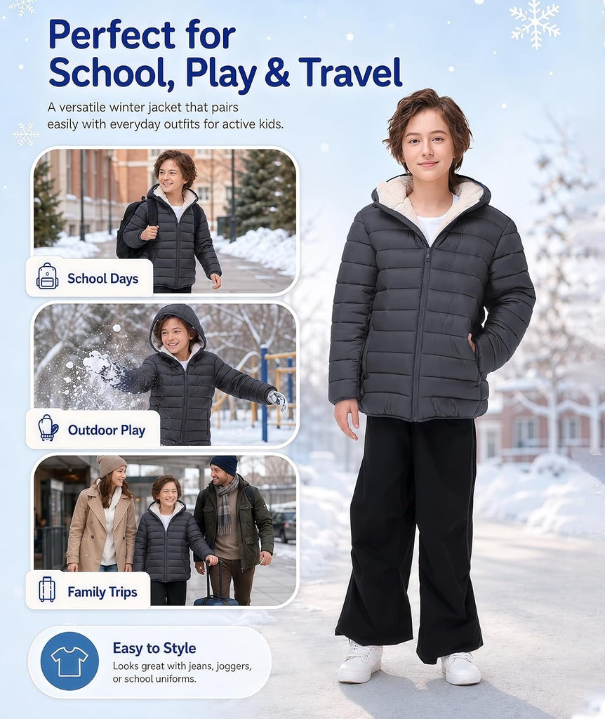 Boys Girls Hooded Winter Coats Sherpa Fleece Lined Puffer Jacket