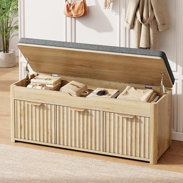 37.4" W Shoe Bench with Storage, Lift Top Entryway Bench, Natural | 2-Tier Adjustable Shoe Rack with Cushioned Seat