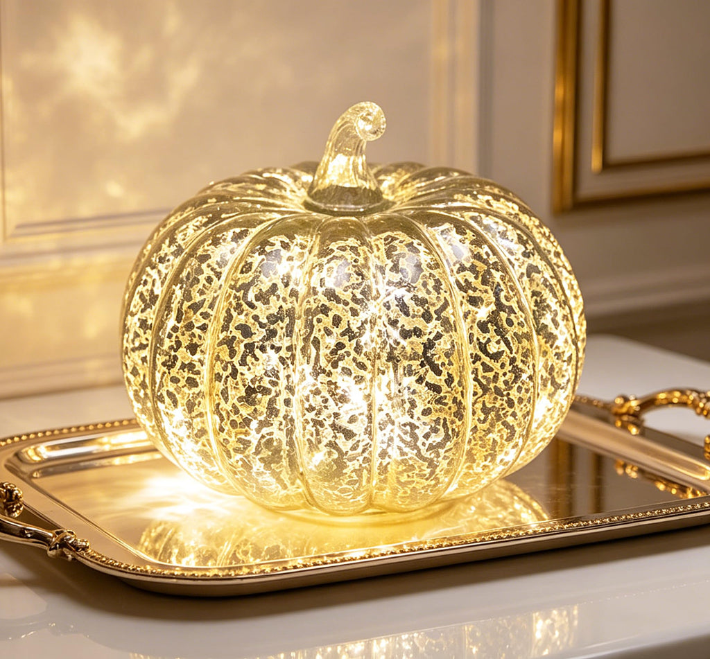 Decorations, Mercury Glass Pumpkin Lights with Timer(Silver)