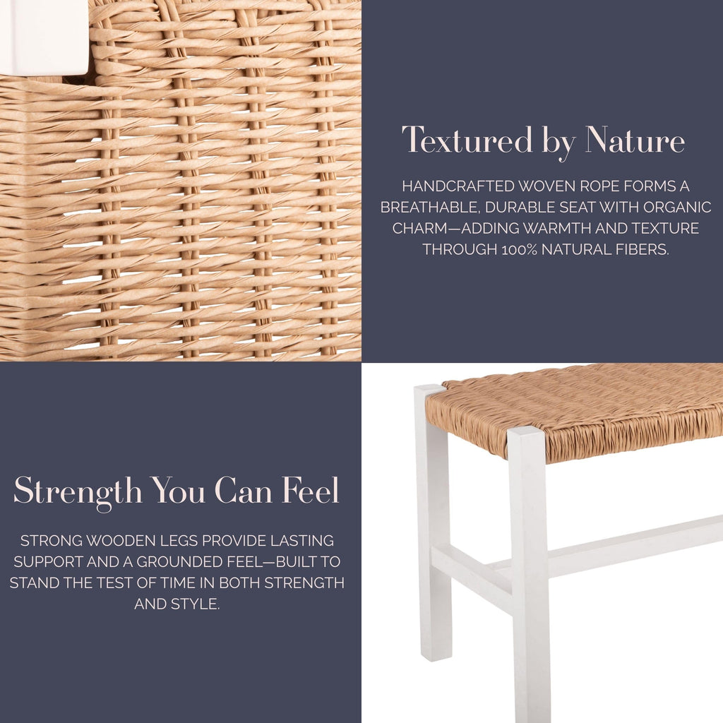 Newport Solid Wood Entryway Bench with Woven Rope Seat, White
