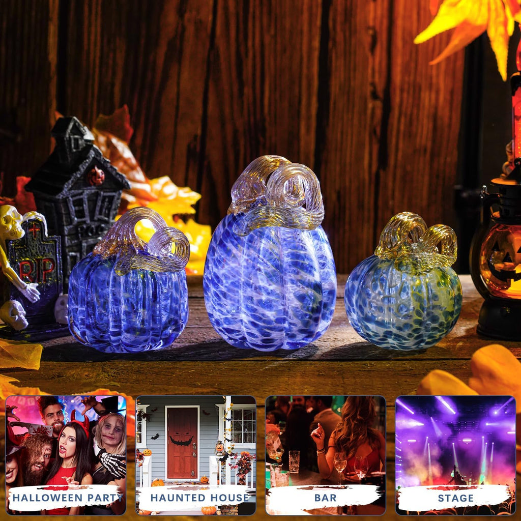 Blown Glass Blue Pumpkins Fall Harvest Halloween Table Decor - Set of 3