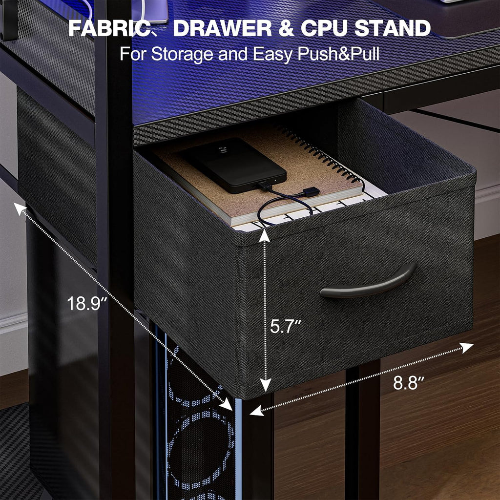 Gaming Desk 40 Inch with Power Outlet and LED Light, Computer Desk with Reversible Shelves and Storage Drawer, Pc