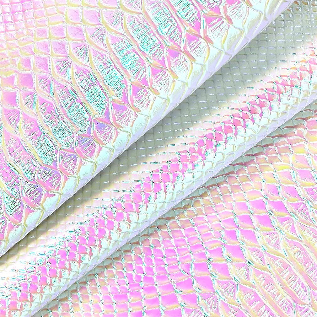 30x135cm Holographic Crocodile Skin Vinyl, Iridescent White Alligator Faux Leather, Embossed Metallic Craft Fabric