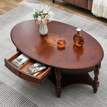 Oval Coffee Table, Cherry Solid Wood Coffee Table with Storage Drawer, Victorian Antique Vintage Coffee Tables