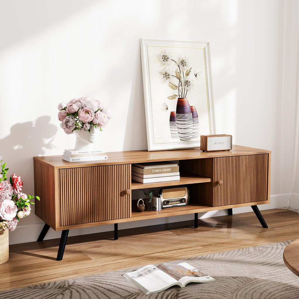 TV Stand, Mid Century Modern Entertainment Center for 55/60/65 Inch TVs, Retro Brown TV Console with Fluted Door