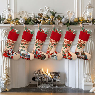 Vintage Christmas Stockings 18" Large Red Velvet Border - Set of 6