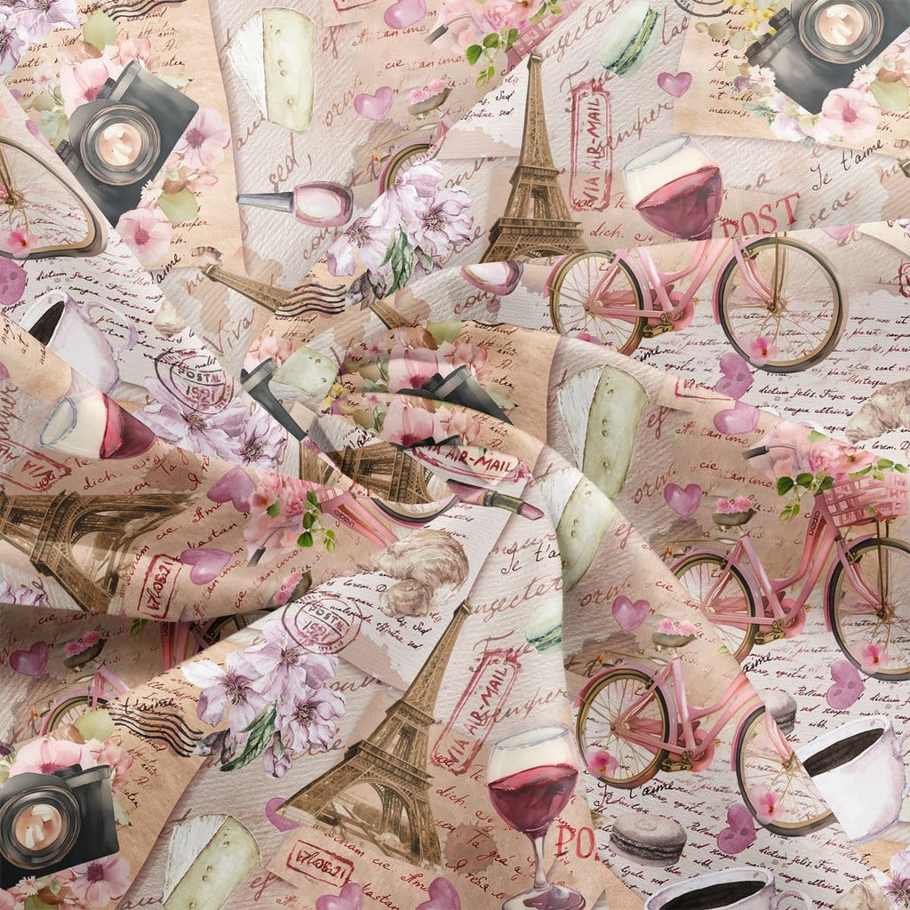 Bicycle Retro Paris City Landmark Outdoor Fabric by The Yard, Retro Newspaper Fabric for Craft Lover, Bicycle Retro