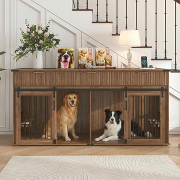 71" Dog Crate Furniture for 2 Dogs, Heavy Duty Large Dog Kennel with 3 Fluted Drawers, Waterproof Tabletop, Type-C