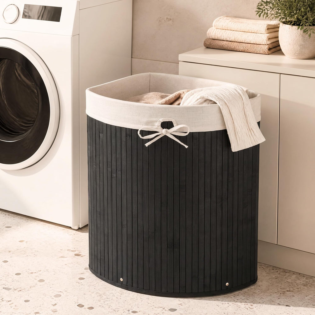 Corner Bamboo Laundry Hamper with Lid and Removable Liner, Washing Clothes Basket Storage Bin with Handle, Suitable