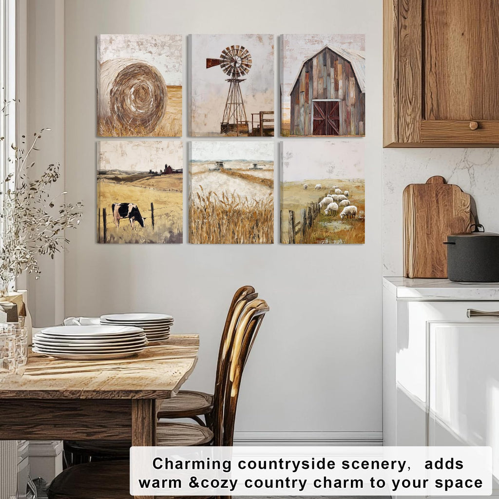 Framed Farmhouse Wall Art, Rustic Windmill Barn Cornfield Sheep Cow Paintings Wall Art, Vintage Country Wall Decor