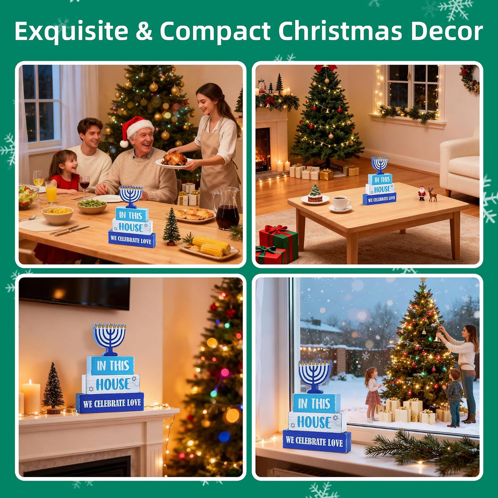 Hanukkah Wooden Tiered Tray Decor, Hanukkah Decorations Gifts, Jewish New Year Table Centerpiece for Xmas Party - Set of 4
