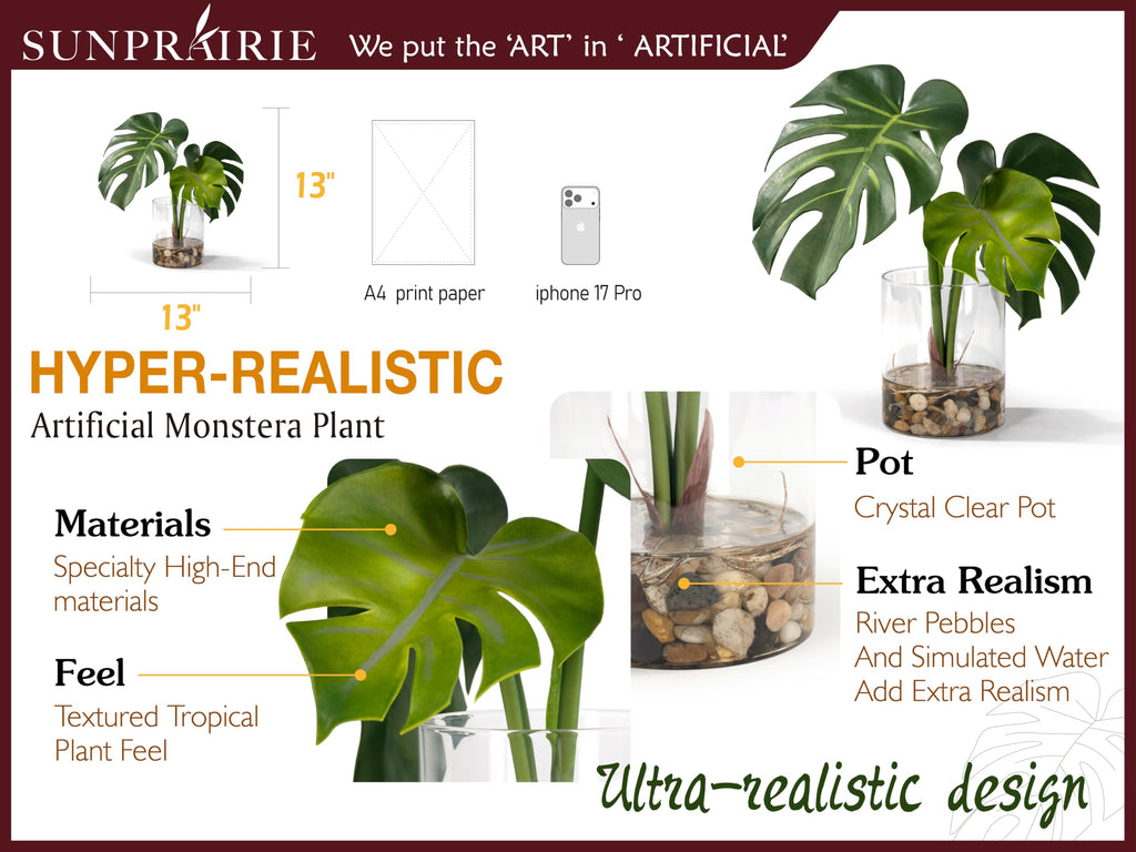 Realistic Artificial Plant in Clear Pot with Artificial Water, Broad Monstera Leaves. Faux Plants Indoor and Outdoor.