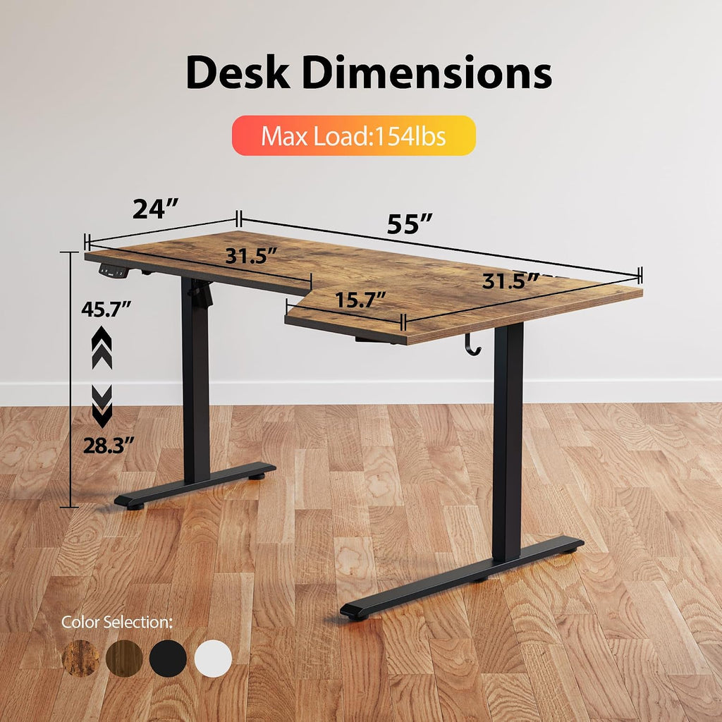 55 x 32 Inch Corner L Shaped Electric Standing Desk, Rustic Brown | Electric Height Adjustable, L-shape Workspace