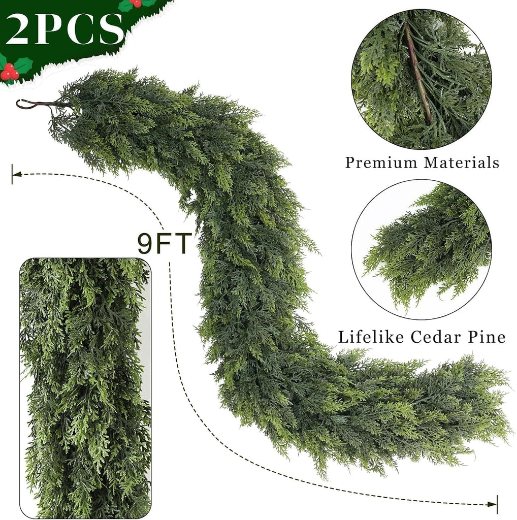 9FT 2Pcs Artificial Christmas Cedar Garlands Fireplace Decoration