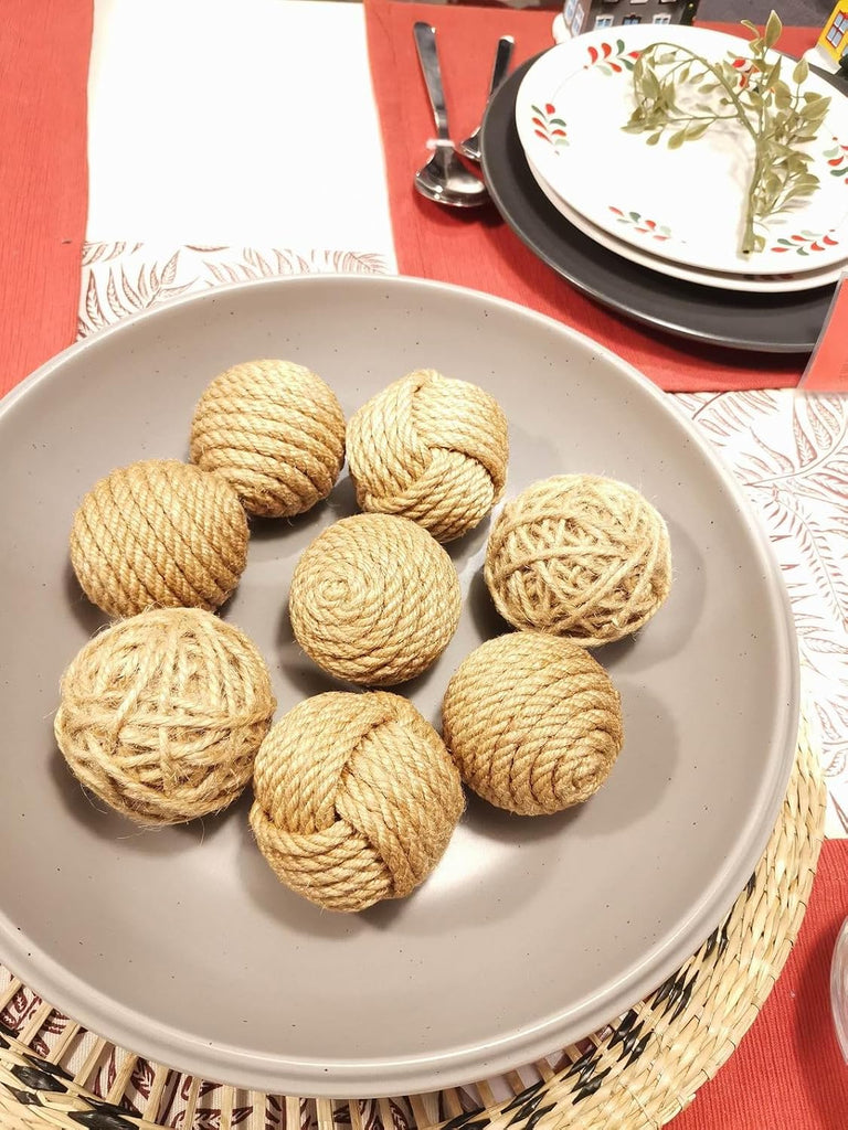 Rustic Jute Orbs, Farmhouse Decorative Balls for Bowls, Vase Fillers, Christmas Centerpiece, Handwoven Home - Set of 8