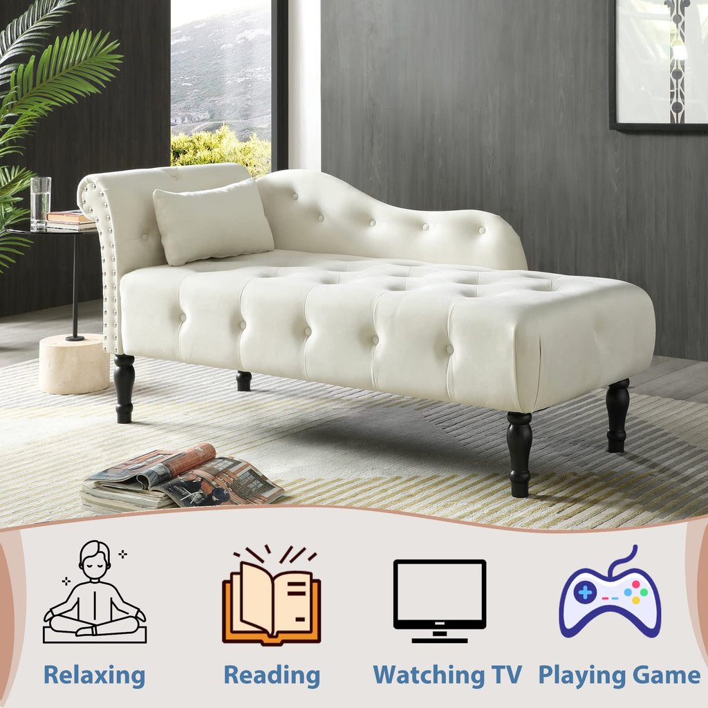 60" Chaise Lounge Indoor Velvet Button Tufted with Pillow, Nailhead Decorate Rolled Arm Chaise Lounge Living Room