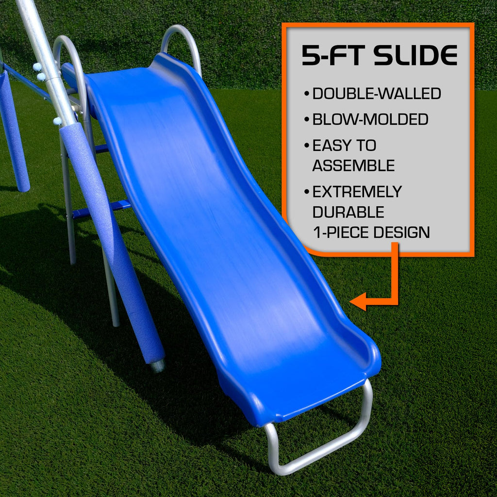 TSC Malibu Swing Set for Kids, Outdoor Metal Playset with 5ft Slide, 38" Saucer, Surfboard Swing, Standing &