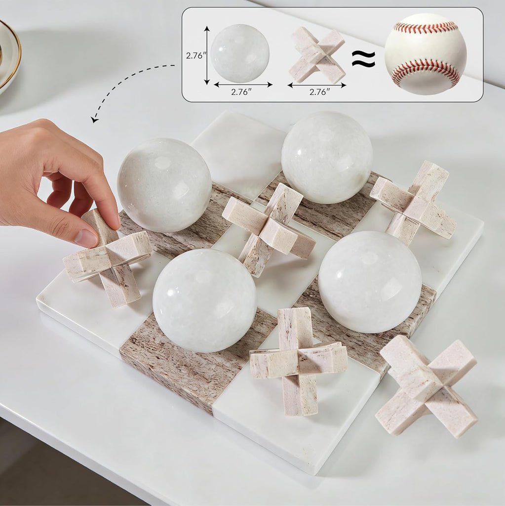 Marble Tic Tac Toe Game Set - Natural Organic Stone Board with White and Brown XO Pieces, Luxury Decorative X and O