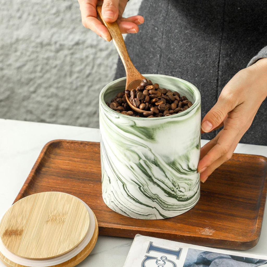 Green Food Storage Jar Strong Ceramic Storage Canisters with Airtight Seal Bamboo Lid Modern Design Seal Damp-Proof
