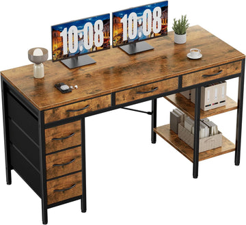 55" Computer Desk with 6 Drawers, Home Office Gaming Desks with Storage Shelves