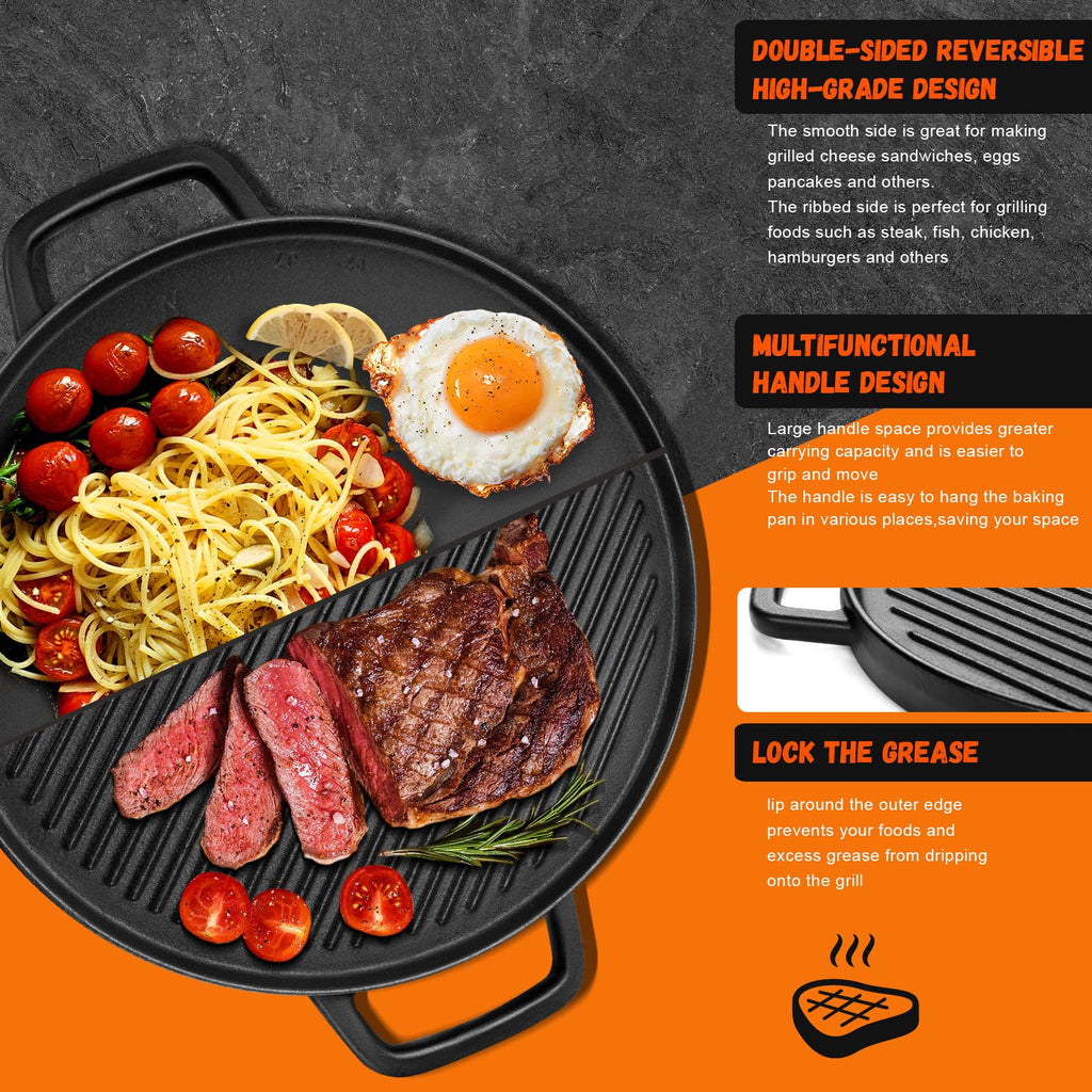 Reversible Cast Iron Griddle for Stove Top, 14" Round Griddle Pan