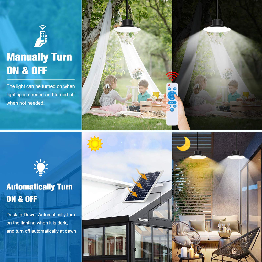 Solar Indoor Lights Outdoor, LED Solar Pendant Lights 3 Color Dimmable Lighting with Remote Control, Gazebo