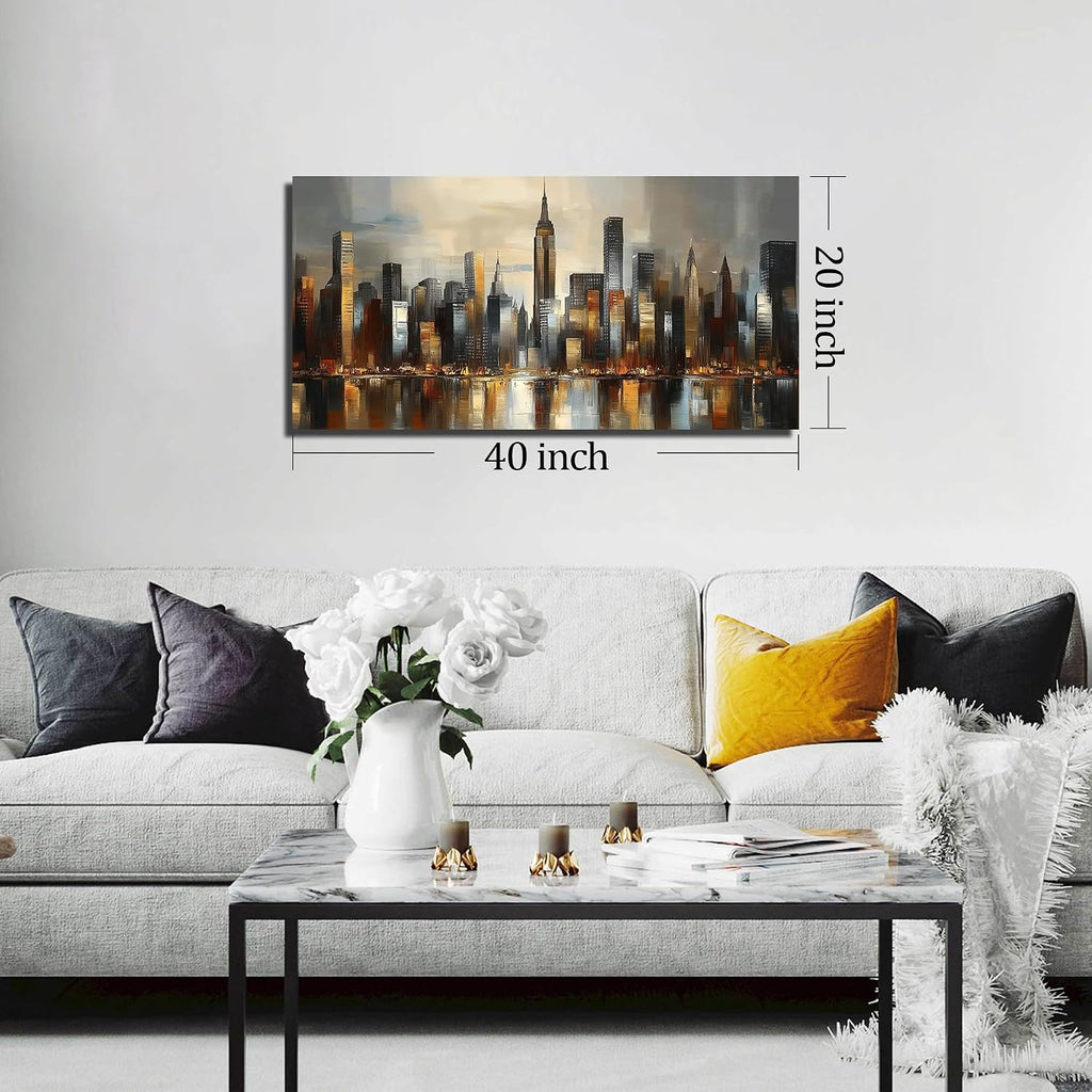 City Wall Art , Gold and Grey Wall-Decor , Modern Cityscape Poster Canvas Print, Size Inches
