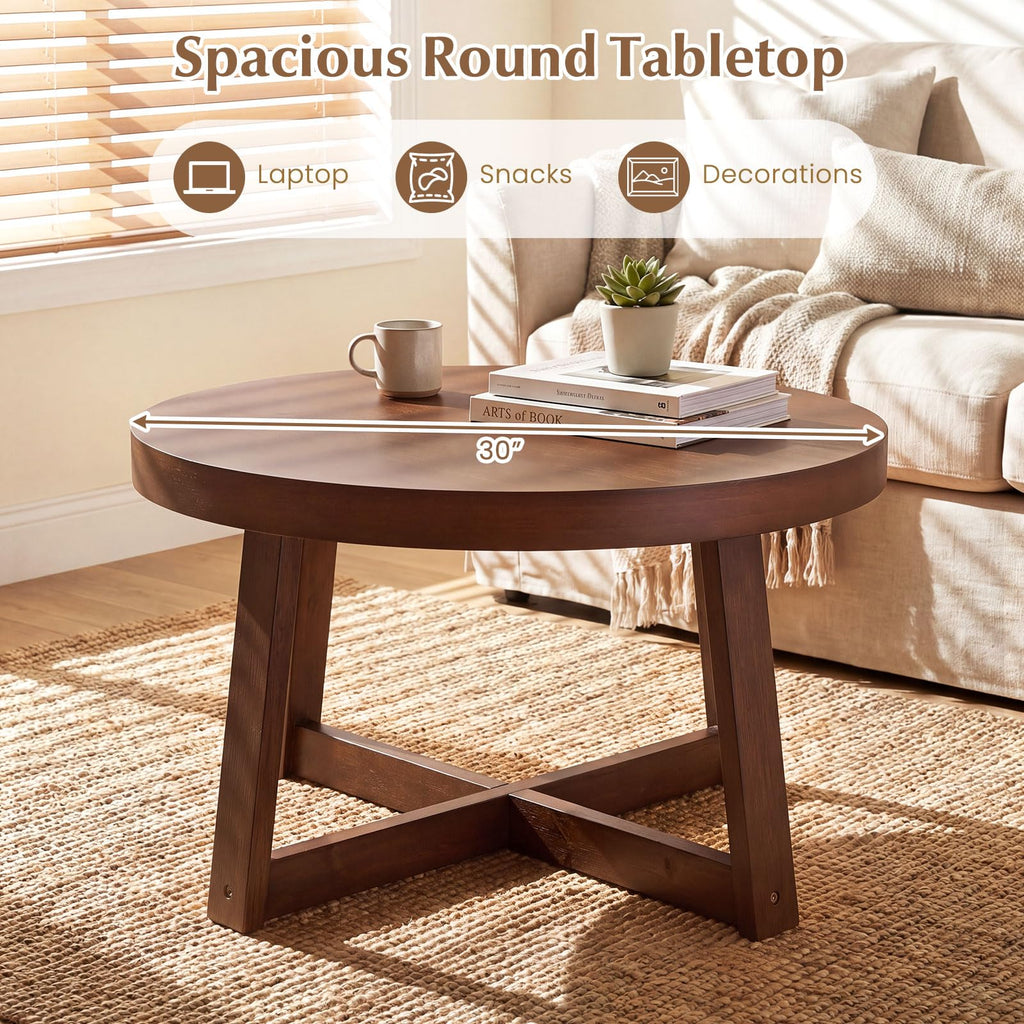 Round Coffee Table, 30" Wood Center Table, Walnut