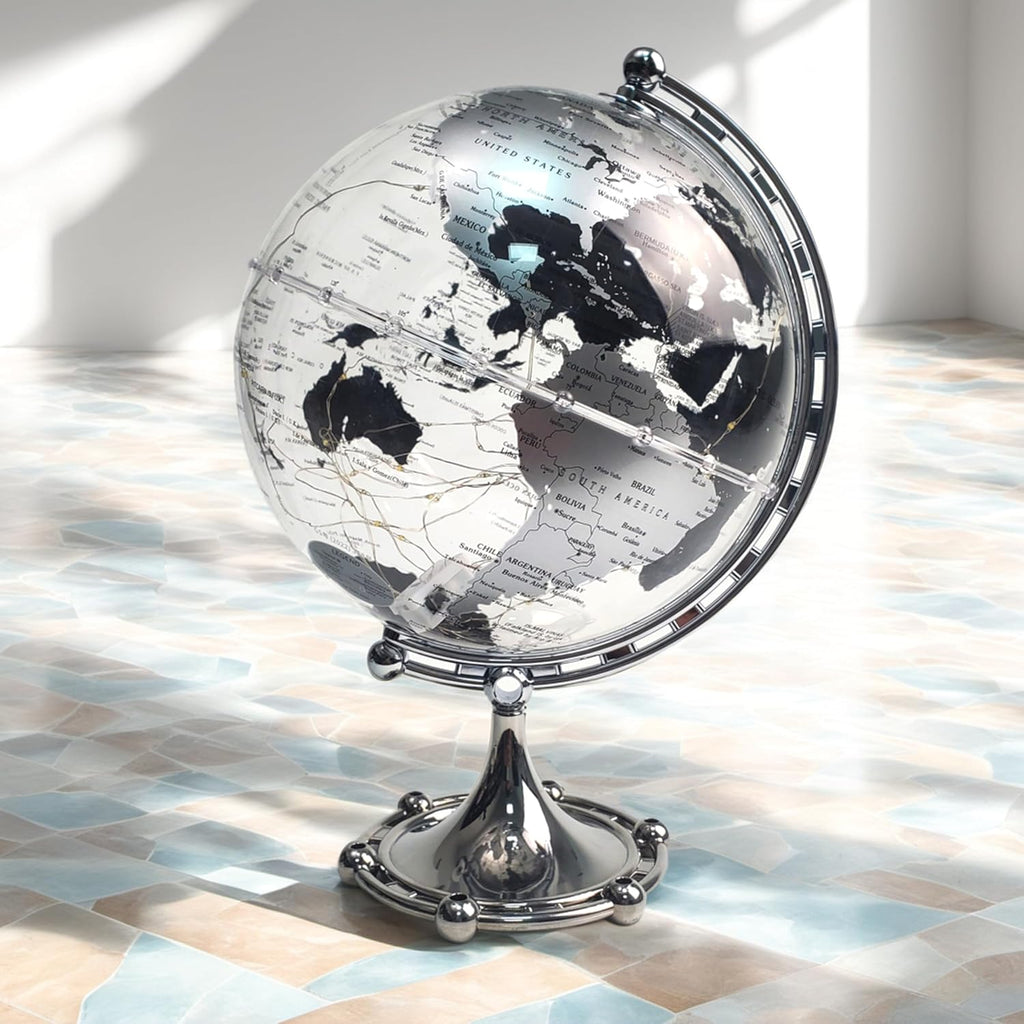 Silver Earth Globe, Diam. 20 cm/7.9 inches, World Map, 3 meter String Lights, Warm White Light