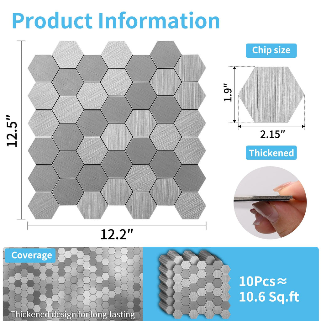 10-Pack Metal Peel and Stick Backsplash Tile, Silver Hexagon