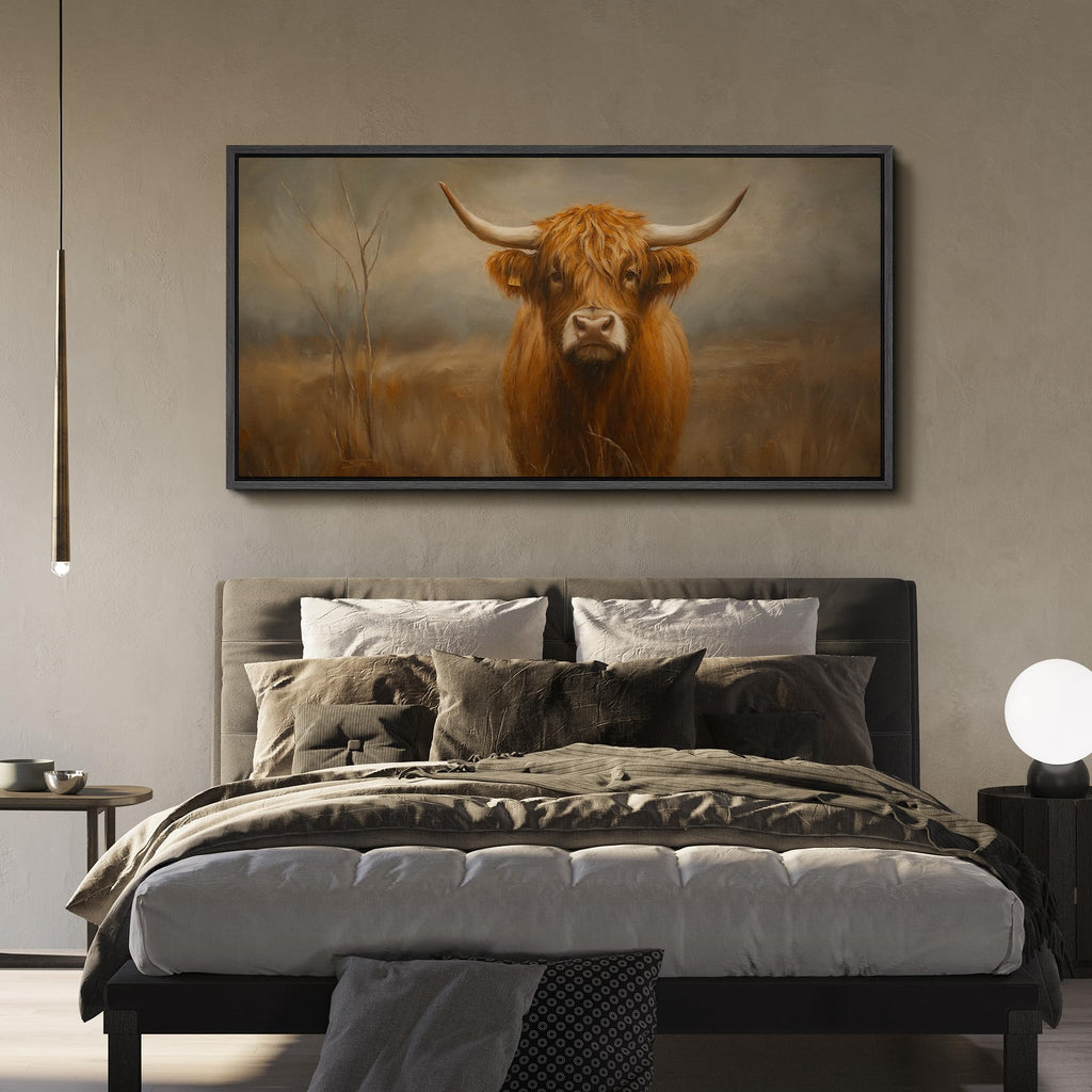 Extra Large Framed Canvas Highland Cow Portrait Rustic Farmhouse Illustrations Modern Art Calm Warm - 60"x30"