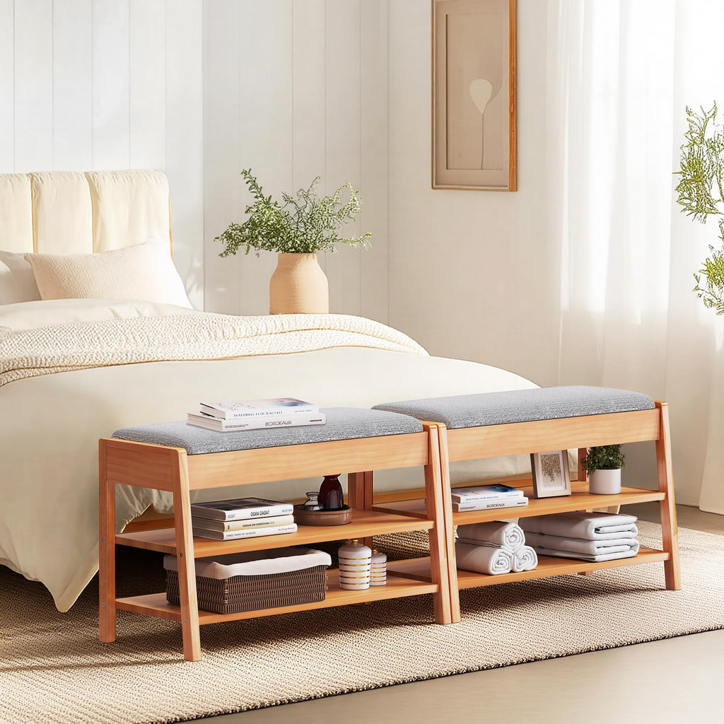 Shoe Rack Bench with Storage, 2-Tier Solid Wood Entryway Bench with Cotton-Linen Cushion, Multipurpose Storage